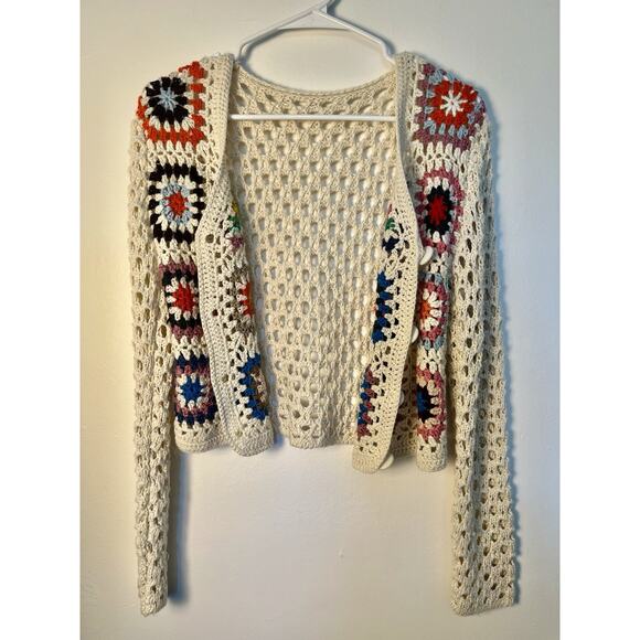 Crochet Colorful Granny Square Cardigan Womens M Boho Festival Ivory Crop Button - Picture 2 of 5